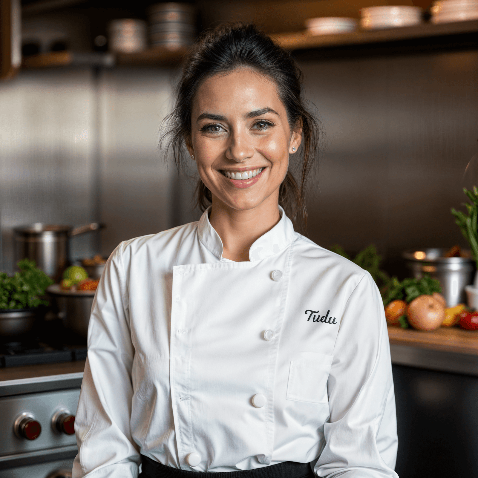 Chef Tudu, expert Latina chef, smiling in a professional kitchen wearing a personalized white chef coat, with fresh vegetables and cooking tools in the background – perfect for authentic recipe blog content