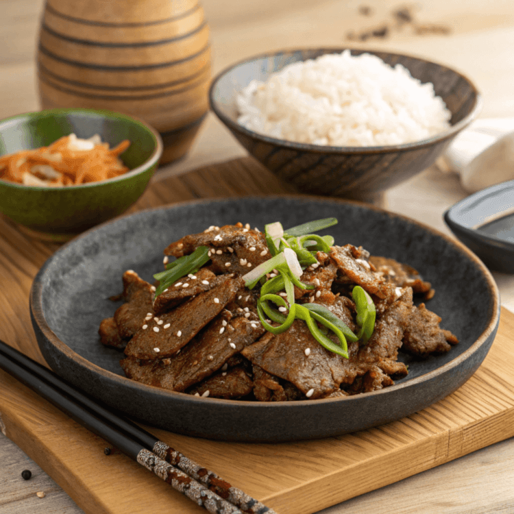 Savory Korean-style bulgogi beef on a plate with steamed rice.
