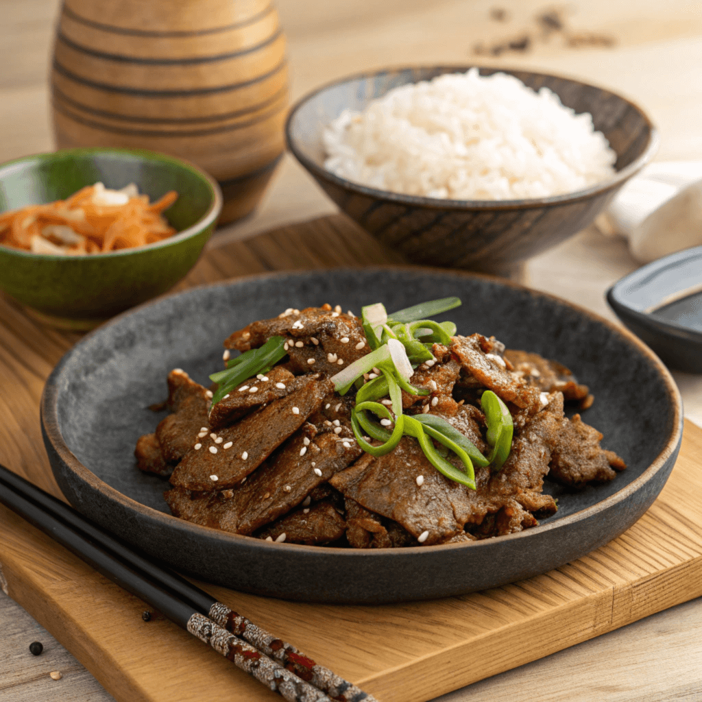 Authentic Bulgogi Beef Dish Savory Korean-style bulgogi beef on a plate with steamed rice.