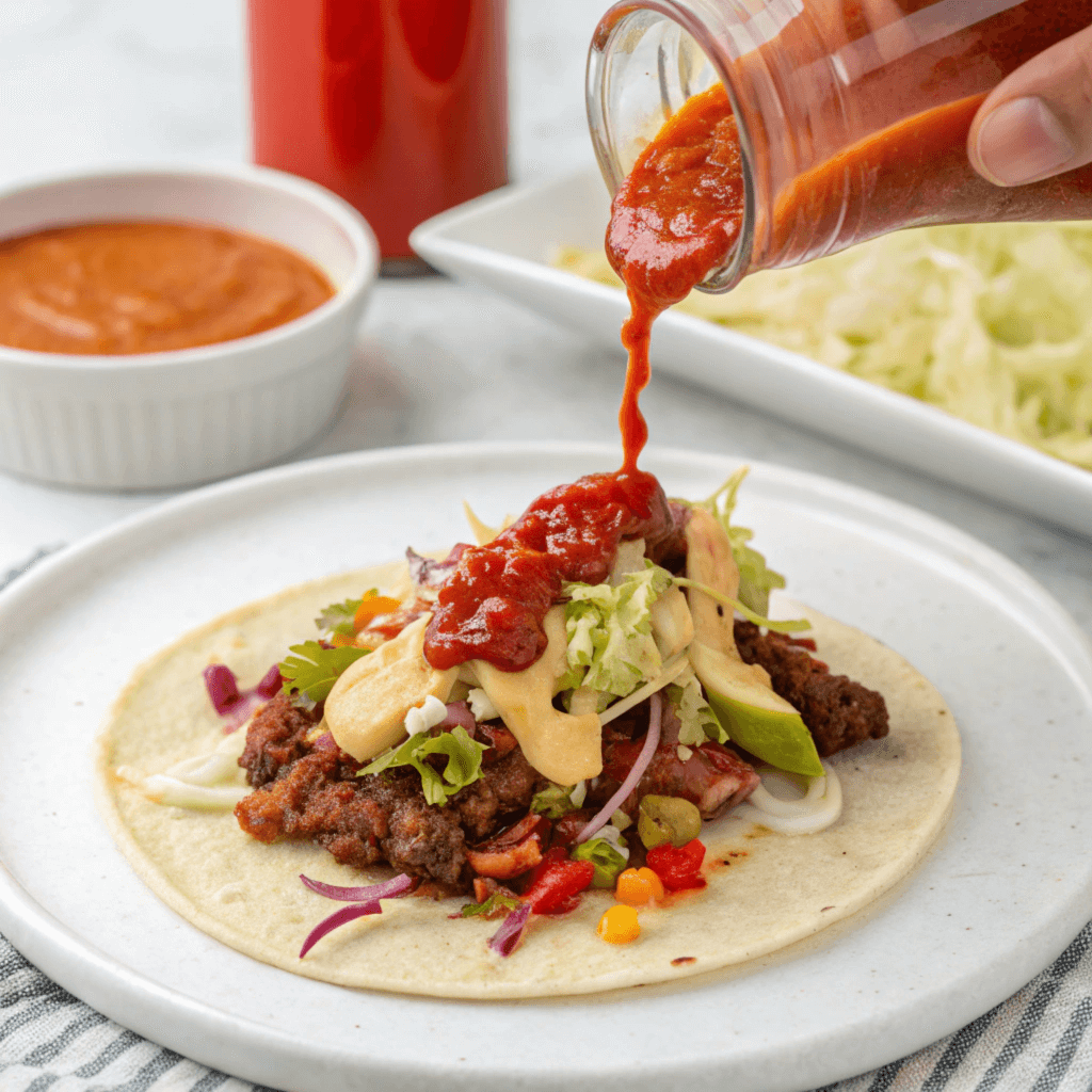 Korean Tacos with Gochujang Sauce Freshly poured gochujang sauce over Korean-style tacos.