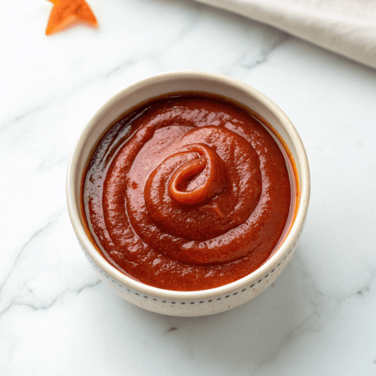 Vibrant, deep red Korean gochujang sauce in a bowl.