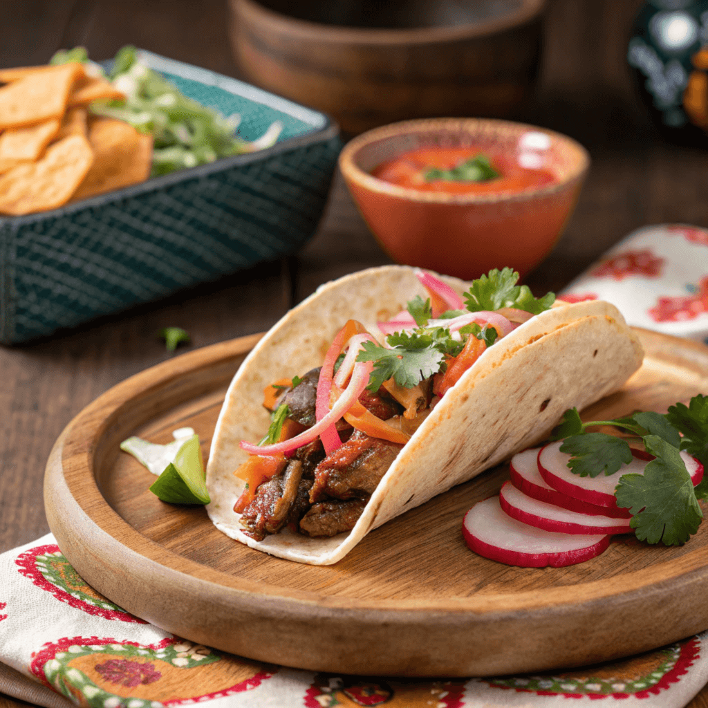 Kimchi Slaw Tacos Kimchi slaw with shredded cabbage, carrots, radish, and cilantro in a tortilla wrap.