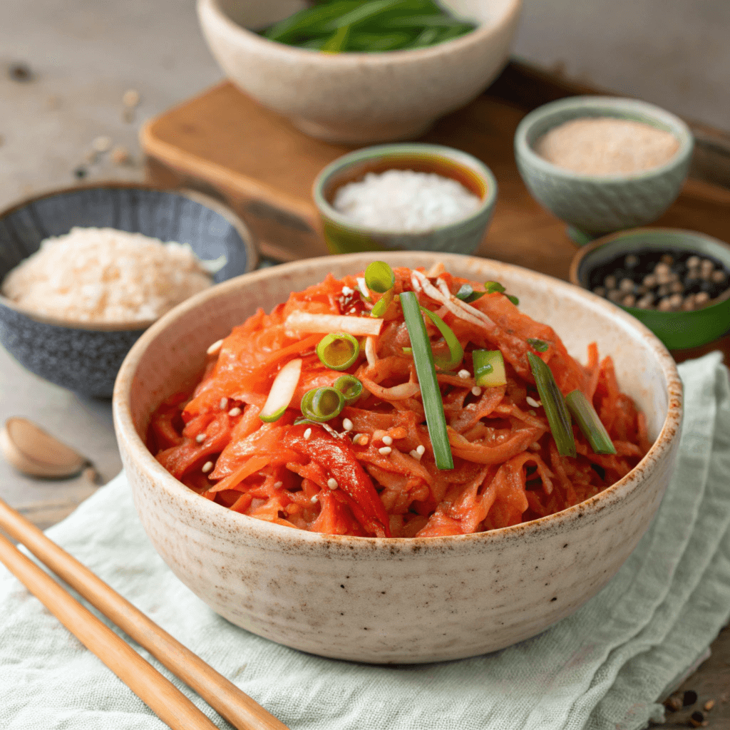 Authentic Korean Kimchi Slaw Vibrant, spicy Korean kimchi slaw served in a bowl.