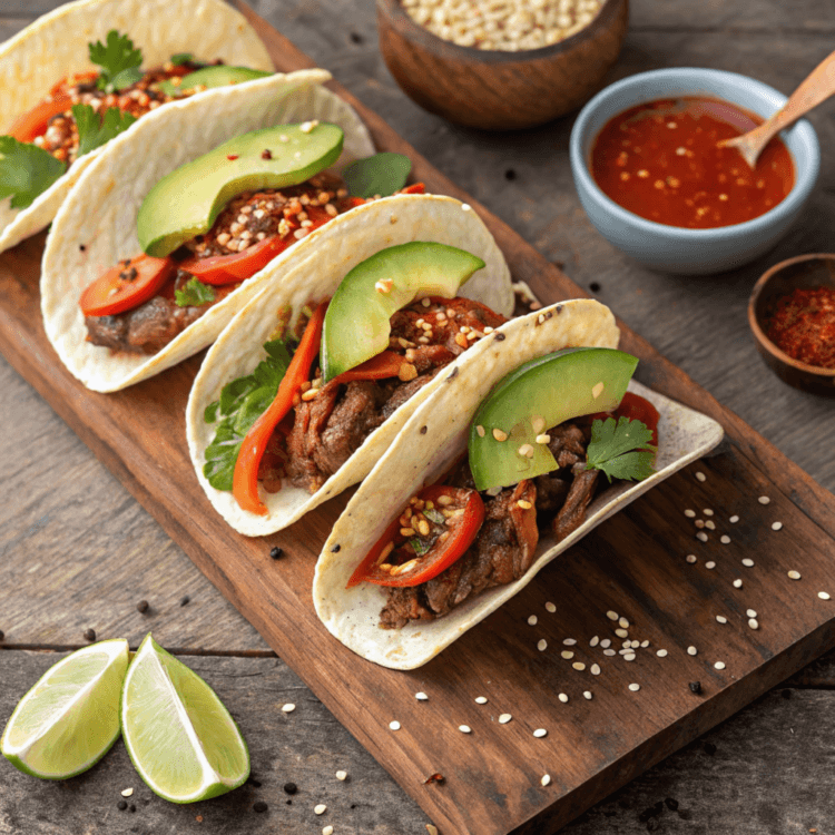 Delicious Korean-Mexican fusion tacos with marinated beef, fresh vegetables, and flavorful sauces.