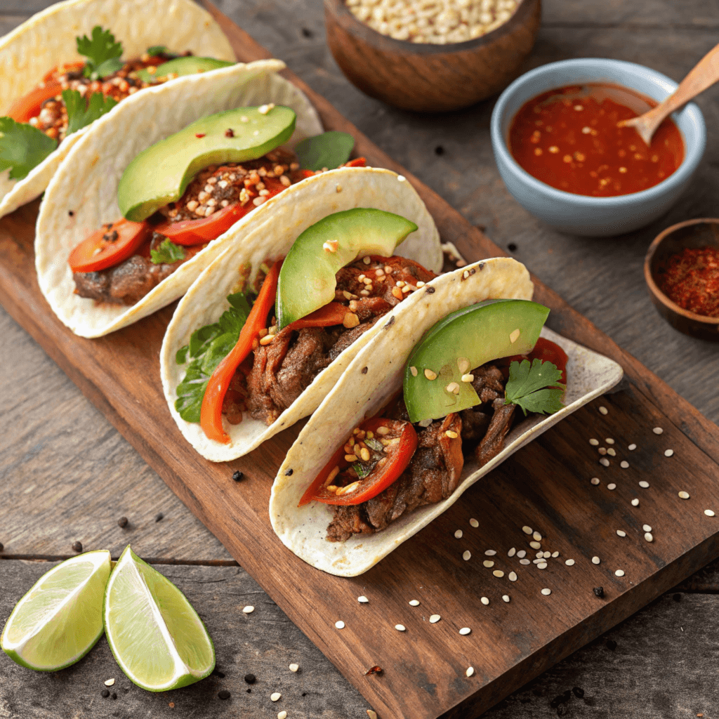 Korean-Mexican Tacos with a Twist Delicious Korean-Mexican fusion tacos with marinated beef, fresh vegetables, and flavorful sauces.