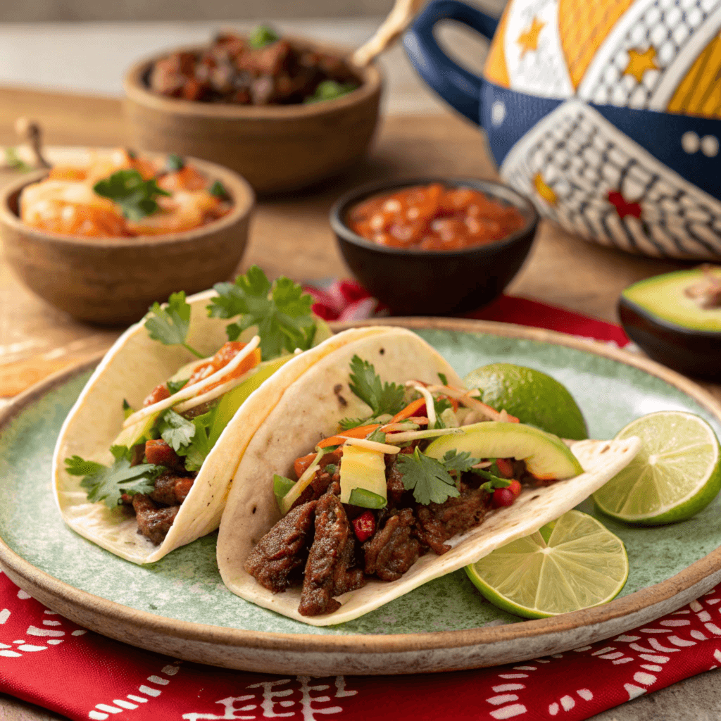 Fusion Delight: Korean-Mexican Tacos with a Twist Delicious Korean-Mexican fusion tacos with marinated beef, fresh vegetables, and flavorful sauces.