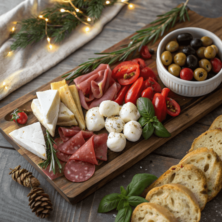 A beautifully arranged antipasti platter on a wooden board, featuring assorted cheeses, cured meats, cherry tomatoes, mozzarella balls, basil leaves, olives, and slices of crusty bread, with festive lights and greenery in the background.