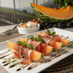 Elegant Prosciutto and Melon appetizer featuring juicy melon wedges wrapped in thin prosciutto slices, garnished with fresh basil leaves and drizzled with balsamic glaze.