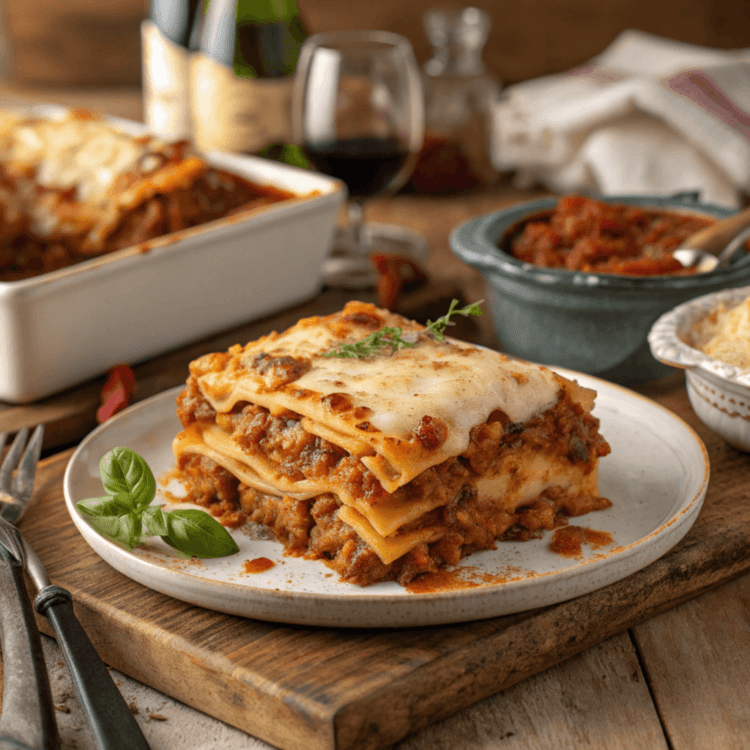 A beautifully layered Lasagna Bolognese featuring golden and bubbly cheese on top, with rich layers of Bolognese sauce and creamy béchamel in a rustic Italian kitchen setting.