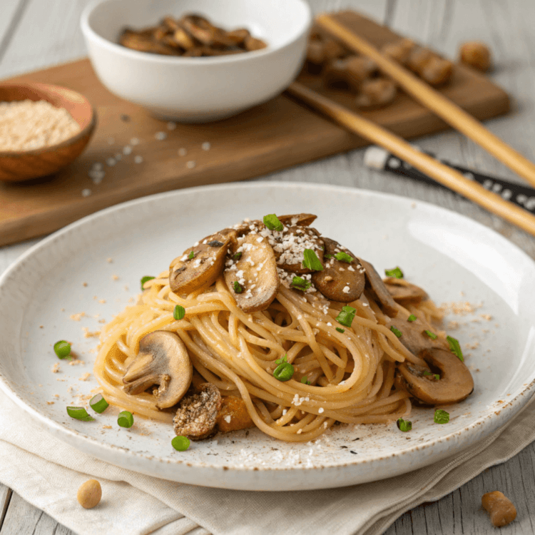 paghetti with sautéed mushrooms and miso sauce, garnished with green onions.