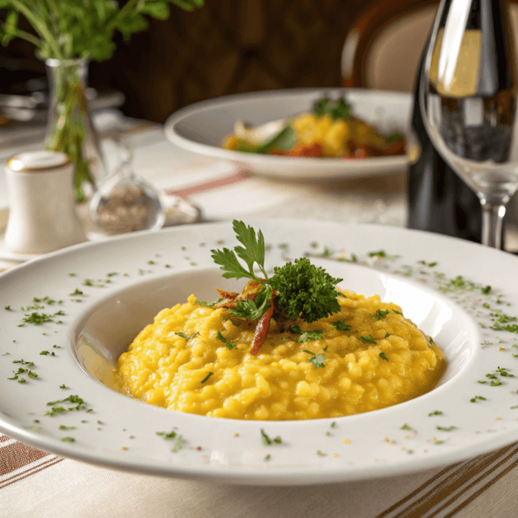 A beautifully plated Risotto Milanese featuring creamy, saffron-infused rice, garnished with fresh parsley. The dish is presented in an elegant dining setting with subtle Italian decor.