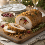 A beautifully roasted Stuffed Pork Loin, sliced to reveal a savory stuffing of breadcrumbs, herbs, cranberries, and walnuts. Served on a rustic wooden board in an elegant dining setting.