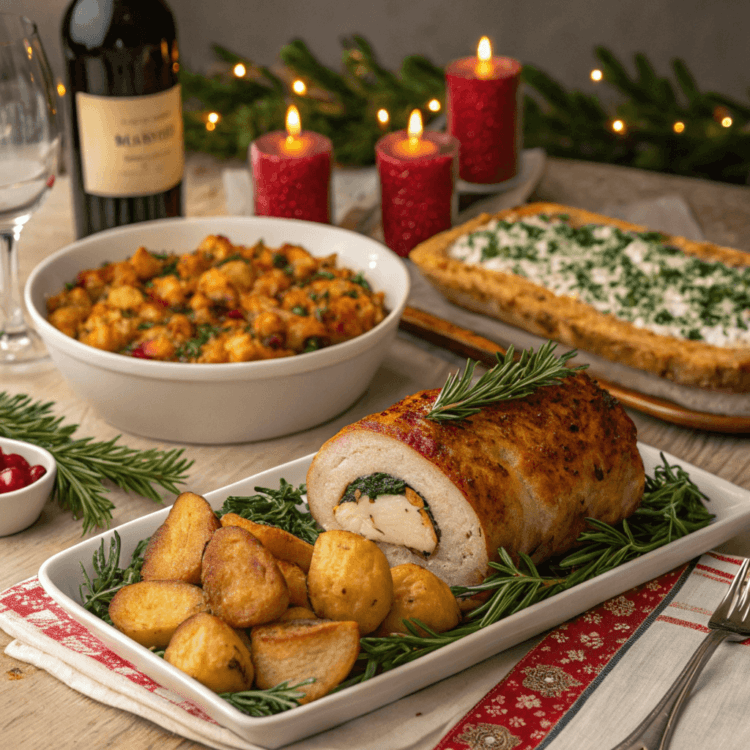 A festive table set for an Italian Christmas dinner, featuring a rolled meat roast stuffed with greens, roasted potatoes, gnocchi in sauce, and a rectangular dish topped with herbs, with red candles, a wine bottle, and greenery decoration.