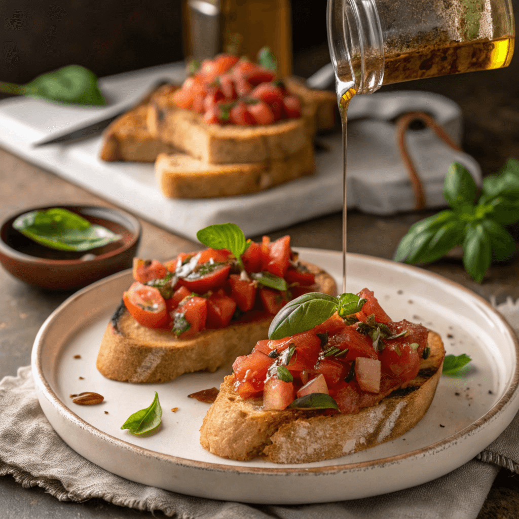 Classic Bruschetta with Tomato and Basil A freshly prepared plate of Bruschetta with Tomato and Basil, featuring diced tomatoes, fresh basil, and toasted bread, garnished with a drizzle of olive oil.