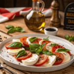 A freshly prepared plate of Caprese Salad featuring slices of ripe tomatoes, fresh mozzarella, and basil leaves, drizzled with olive oil and balsamic vinegar.