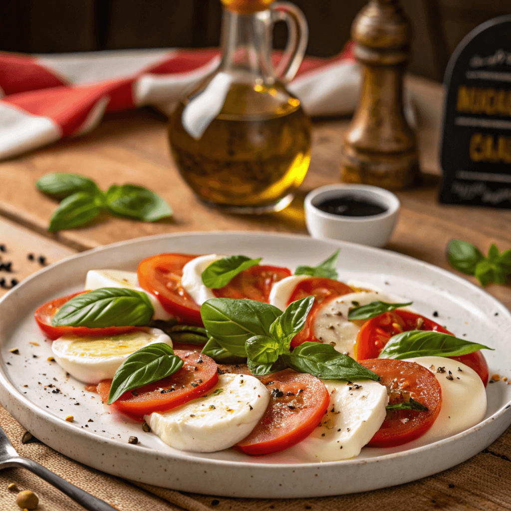 Classic Caprese Salad A freshly prepared plate of Caprese Salad featuring slices of ripe tomatoes, fresh mozzarella, and basil leaves, drizzled with olive oil and balsamic vinegar.