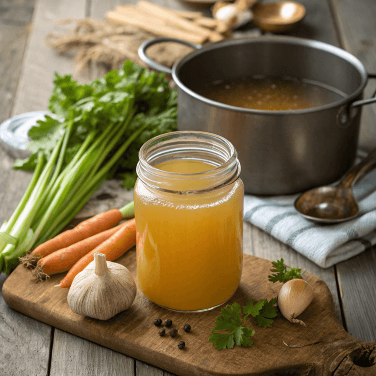 A jar of homemade broth surrounded by fresh vegetables like carrots, garlic, and parsley, with a pot of broth and a ladle in the background on a wooden cutting board.