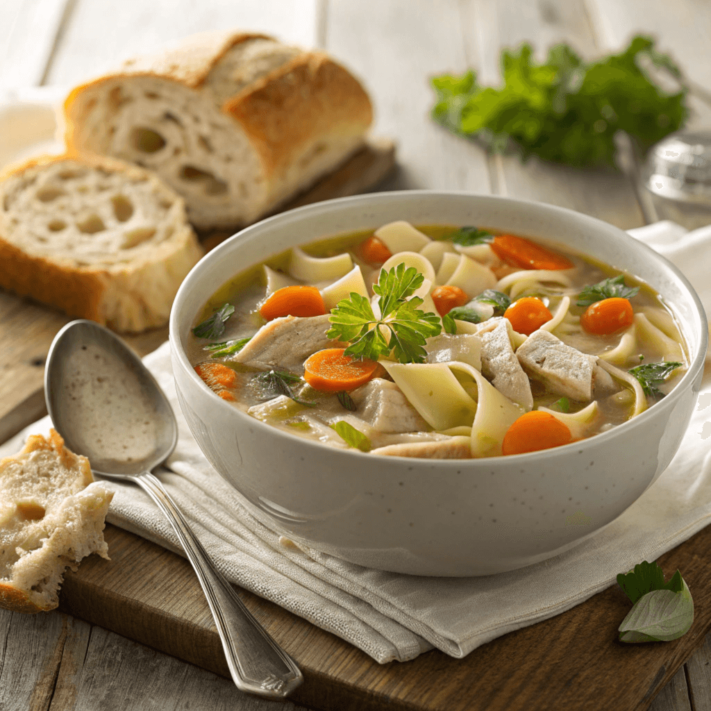 A bowl of turkey noodle soup with pieces of turkey, wide egg noodles, sliced carrots, and fresh parsley, placed on a white cloth napkin with a spoon and bread nearby.