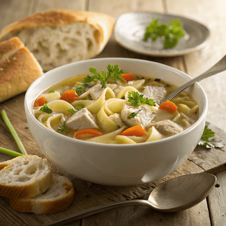 A bowl of turkey noodle soup with pieces of turkey, wide egg noodles, sliced carrots, and fresh parsley, placed on a white cloth napkin with a spoon and bread nearby.