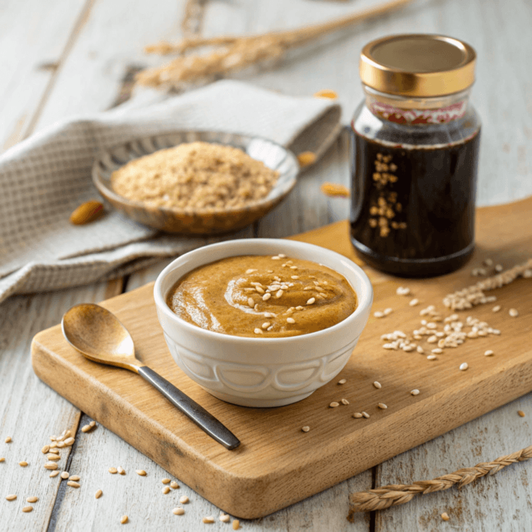 Creamy miso sauce in a white bowl, surrounded by sesame seeds and a glass bottle of sauce.